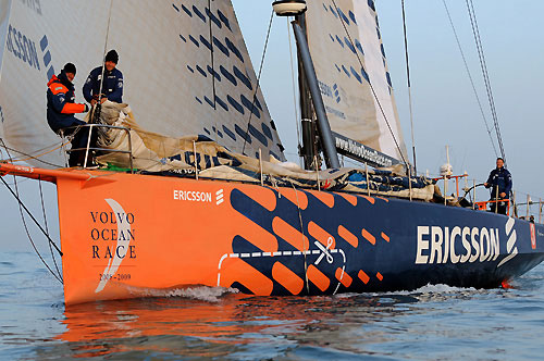 Ericsson 3 skippered by Magnus Olsson (SWE), finishes Leg 4, on start Day for Leg 5 of the Volvo Ocean Race from Qingdao, China, to Rio De Janeiro. Photo copyright Dave Kneale/ Volvo Ocean Race.