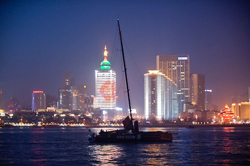 Ericsson 3 skippered by Magnus Olsson (SWE), finishes Leg 4, on start Day for Leg 5 of the Volvo Ocean Race from Qingdao, China, to Rio De Janeiro. At over 12,000 miles, Leg 5 is the longest leg ever attempted in the history of the race. Photo copyright Dave Kneale/ Volvo Ocean Race.