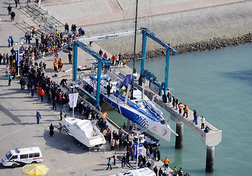 In a dramatic opening to leg five of the Volvo Ocean Race, minutes before the start gun fired, Telefónica Blue (Bouwe Bekking / NED) dropped her sails and returned to port, leaving a fleet reduced to three boats to contest the start in Qingdao. Photo copyright Rick Tomlinson / Volvo Ocean Race.