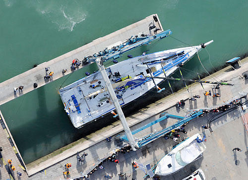 In a dramatic opening to leg five of the Volvo Ocean Race, minutes before the start gun fired, Telefónica Blue (Bouwe Bekking / NED) dropped her sails and returned to port, leaving a fleet reduced to three boats to contest the start in Qingdao. Photo copyright Rick Tomlinson / Volvo Ocean Race.
