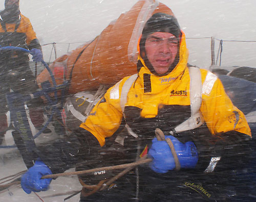 Xabier Fernandez trimming the main with a water temperature is 6'C, air temperature 3'C in rough weather onboard Telefonica Bue, on leg 5 of the Volvo Ocean Race. Photo copyright Gabriele Olivo / Telefonica Blue / Volvo Ocean Race.