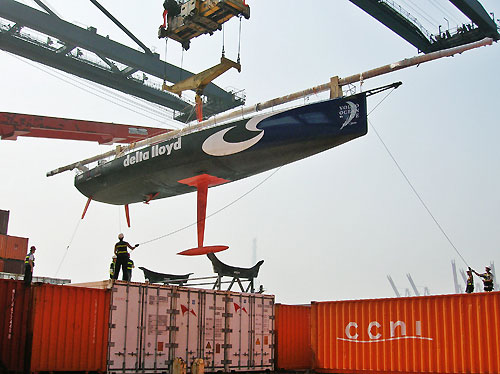 Delta Lloyd is loaded on to a container ship to be taken to Rio de Janerio whilst a new bow piece is being made which will be fitted once the boat arrives. Photo copyright Bas Vredenburg / Team Delta Lloyd / Volvo Ocean Race.