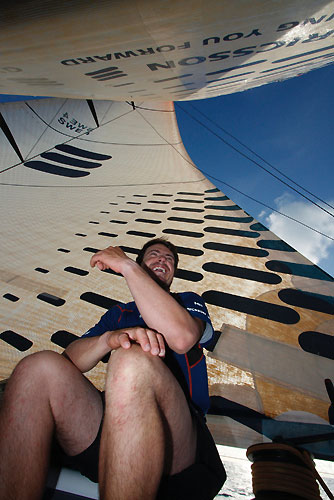 Joao Sgnorini onboard Ericsson 4, in the Doldrums, on leg 5 of the Volvo Ocean Race. Photo copyright Guy Salter / Ericsson 4 / Volvo Ocean Race.