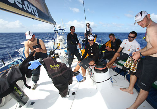 Transition time from very wet to hot and dry on Telefonica Blue, on leg 5 of the Volvo Ocean Race, from Qingdao to Rio de Janeiro. Photo copyright Gabriele Olivo / Telefonica Blue / Volvo Ocean Race.