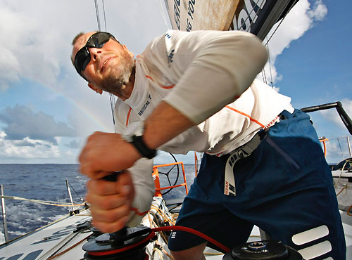 Norwegian Arve Roaas trimming onboard Ericsson 3, during leg 5 of the Volvo Ocean Race, from Qingdao to Rio de Janeiro. Photo copyright Gustav Morin / Ericsson 3 / Volvo Ocean Race.