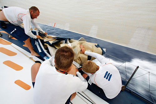 Sail changes onboard Ericsson 3, on leg 5 of the Volvo Ocean Race, from Qingdao to Rio de Janeiro. Photo copyright Gustav Morin / Ericsson 3 / Volvo Ocean Race.