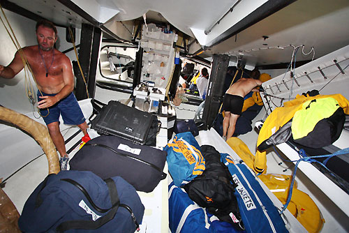 Quite a bit of tacking and stacking involved to pass between the Fiji Islands. Jono Swan and Iker Martinez here shifting the gear. Photo copyright Gabriele Olivo / Telefonica Blue / Volvo Ocean Race.