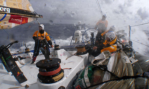 Average Wind Speed over 40Kn, gusts of up to 50Kn apparent, True Wind Speed 30-32Kn. The only protection is the helmet. Telefonica Blue approaching the Southern Ocean, on leg 5 of the Volvo Ocean Race, from Qingdao to Rio de Janeiro. Photo copyright Gabriele Olivo / Telefonica Blue / Volvo Ocean Race.