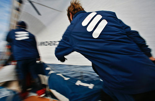 Sail changes onboard Ericsson 3, on leg 5 of the Volvo Ocean Race, from Qingdao to Rio de Janeiro. Photo copyright Gustav Morin / Ericsson 3 / Volvo Ocean Race.