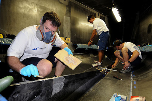 Longitudial frames are installed below decks on Delta Lloyd in Rio de Janeiro during major repairs to her bow section. Photo copyright Dave Kneale / Volvo Ocean Race.