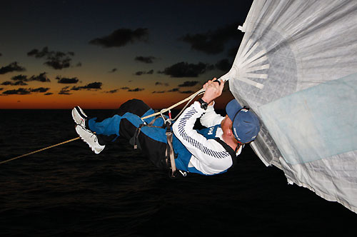 Phil Jameson at the clew of the spinnaker, onboard Ericsson 4, on leg 5 of the Volvo Ocean Race, from Qingdao to Rio de Janeiro. Photo copyright Guy Salter / Ericsson 4 / Volvo Ocean Race.