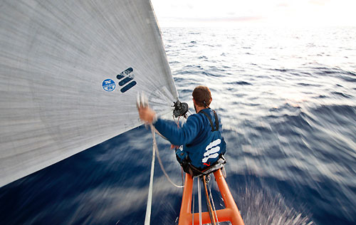 Ryan Godfrey on the bow, onboard Ericsson 4, on leg 5 of the Volvo Ocean Race, from Qingdao to Rio de Janeiro. Photo copyright Guy Salter / Ericsson 4 / Volvo Ocean Race.