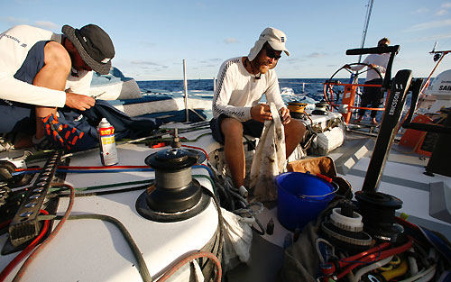 Maintenance work onboard Ericsson 3, on leg 5 of the Volvo Ocean Race, from Qingdao to Rio de Janeiro. Photo copyright Gustav Morin / Ericsson 3 / Volvo Ocean Race.