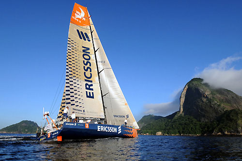 Ericsson 3, skippered by Magnus Olsson (SWE) finish first into Rio de Janeiro on leg 5 of the Volvo Ocean Race, crossing the line at 10:37:57 GMT 26/03/09, after 41 days at sea. Photo copyright Dave Kneale / Volvo Ocean Race.
