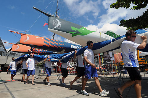 Boat maintenance in the Rio de Janeiro haul out area after more than 40 days of sailing in Leg 5 of the Volvo Ocean Race 2008-09. Photo copyright Dave Kneale / Volvo Ocean Race.