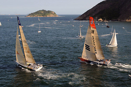 Battling for position, at the start of Leg 6 of the Volvo Ocean Race, from Rio de Janeiro to Boston. Photo copyright Dave Kneale / Volvo Ocean Race.