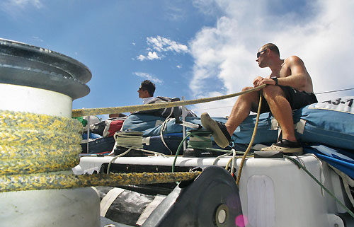 Delta Lloyd bowman Gerd-Jan Poortman trimming the maisail, on leg 6 of the Volvo Ocean Race, from Rio de Janeiro to Boston. Photo copyright Sander Pluijm / Team Delta Lloyd / Volvo Ocean Race.
