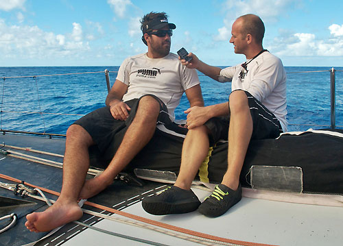 Media Crew Member Rick Deppe interviews Shannon Falcone, onboard PUMA Ocean Racing, on leg 6 of the Volvo Ocean Race, from Rio de Janeiro to Boston. Photo copyright Rick Deppe / PUMA Ocean Racing / Volvo Ocean Race.