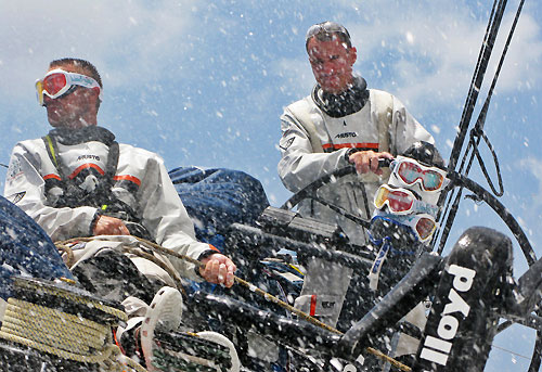 David Pella trimming and Nick Bice helming onboard Delta Lloyd, going strong with 23 knots in 20 knots of breeze, on leg 6 of the Volvo Ocean Race, from Rio de Janeiro to Boston. Photo copyright Sander Pluijm / Team Delta Lloyd / Volvo Ocean Race.