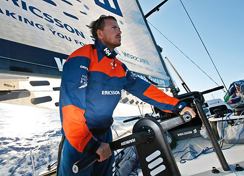 Trimmer Martin Strömberg onboard Ericsson 3, on leg 6 of the Volvo Ocean Race, from Rio de Janeiro to Boston. Photo copyright Gustav Morin / Ericsson 3 / Volvo Ocean Race.