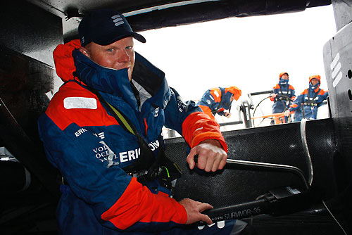 After a watermaker failure onboard Ericsson 4, Phil Jameson does his share of pumping the emergency system, on leg 6 of the Volvo Ocean Race, from Rio de Janeiro to Boston. Photo copyright Guy Salter / Ericsson 4 / Volvo Ocean Race.