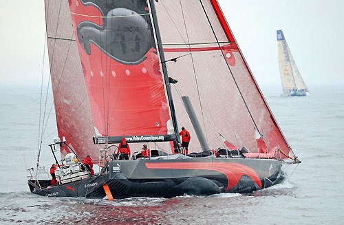 PUMA Ocean Racing currently in 4th place, chases Telefonica Blue, approximately 80 miles from the finish of leg 6 in Boston.