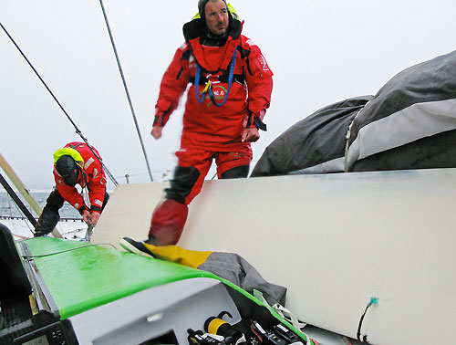 Green dragon sustain dammage to their leeward, port daggerboard, after hitting a lobster pot, during leg 7 of the Volvo Ocean Race from Boston to Galway. Photo copyright Guo Chuan / Green Dragon Racing / Volvo Ocean Race.