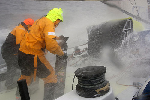 Pepe Ribes and Xabi Fernandez trimming, onboard Telefonica Blue, on leg 7 from Boston to Galway. Photo copyright Gabriele Olivo / Telefonica Blue / Volvo Ocean Race.