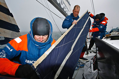 A damaged daggerboard is replaced, onboard Ericsson 3, on leg 7 from Boston to Galway. Photo copyright Gustav Morin / Ericsson 3 / Volvo Ocean Race.