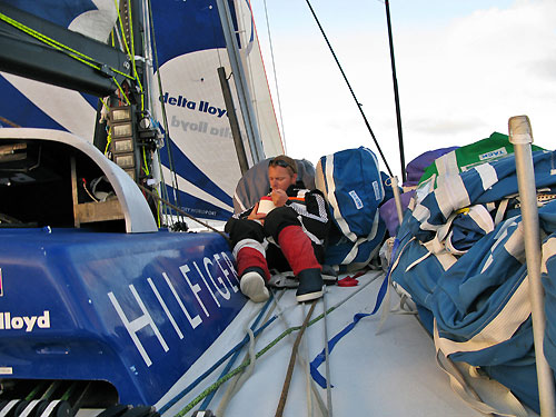 Bowman Gerd-Jan Poortman enjoying his lunch, onboard Delta Lloyd, before things got rough on leg 7 from Boston to Galway. Photo copyright Sander Pluijm / Team Delta Lloyd / Volvo Ocean Race.