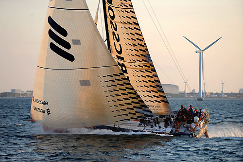 Ericsson 4 at dawn, as the fleet pass the Orsund Bridge on the way to Stockholm, earlier during Leg 9. Photo copyright Rick Tomlinson / Volvo Ocean Race.