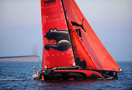 PUMA Ocean Racing at dawn, as the fleet pass the Orsund Bridge on the way to Stockholm. Photo copyright Rick Tomlinson / Volvo Ocean Race.