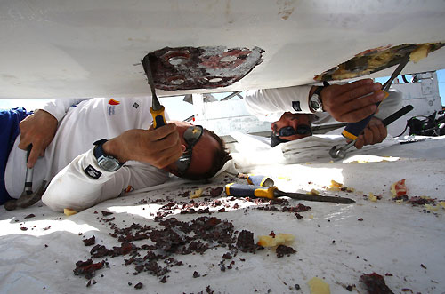 Telefonica shore crews work around the clock to fix the damage sustained when they ran aground at the start of leg 9. Photo copyright María Muina / Equipo Telefonica / Volvo Ocean Race.