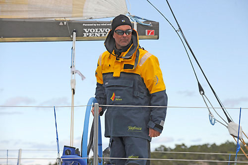 Skipper Bouwe Bekking (NED) onboard Telefonica Blue, finally finishes leg 9 in Sandhamn in seventh place after having hit a rock at the start of the leg in Marstrand and suspending racing to undertake repairs. Photo copyright Rick Tomlinson / Volvo Ocean Race.