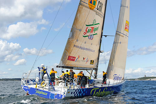 Telefonica Blue finishes leg 9 in Sandhamn in seventh place, after having hit a rock at the start of the leg in Marstrand and suspending racing to undertake repairs. Photo copyright Rick Tomlinson / Volvo Ocean Race.