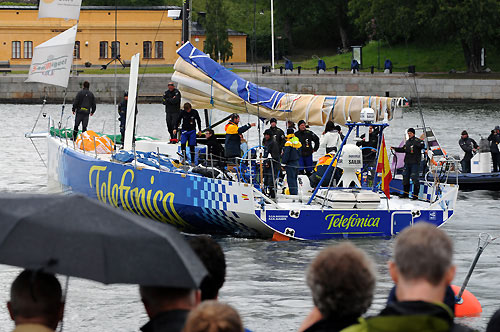 Telefonica Blue finishes leg 9 in Sandhamn in seventh place, after having hit a rock at the start of the leg in Marstrand and suspending racing to undertake repairs. Photo copyright Rick Tomlinson / Volvo Ocean Race.