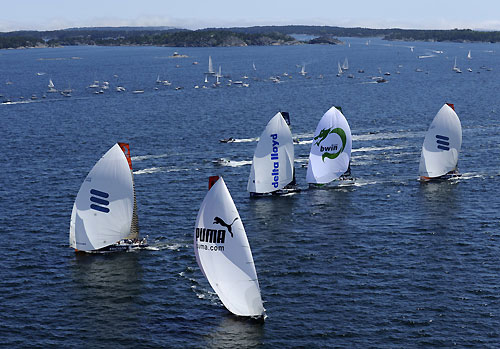 Perfect weather and hundreds of spectator boats turn out, for the Stockholm in-port race. Photo copyright Rick Tomlinson / Volvo Ocean Race.