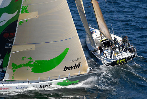 Green Dragon, skippered by Ian Walker (GBR) chase Telefonica Black, skippered by Fernando Echavarri (ESP) during the Stockholm in-port race. Photo copyright Rick Tomlinson / Volvo Ocean Race.