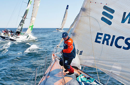 Phil Jameson working on the bow of Ericsson 4, at the start of leg 10 from Stockholm to St Petersburg. Photo copyright Guy Salter / Ericsson 4 / Volvo Ocean Race.