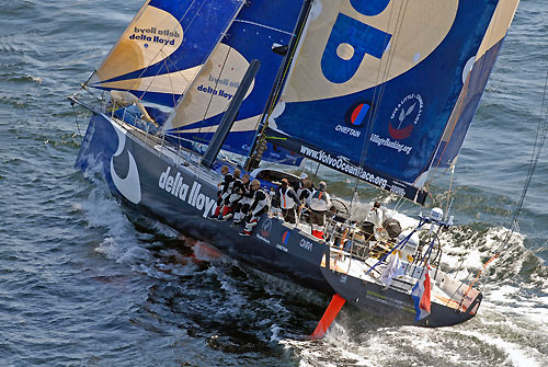 Delta Lloyd, skippered by Roberto Bermudez (ESP) at the start of leg 10 from Stockholm to St Petersburg. Photo copyright Rick Tomlinson / Volvo Ocean Race.
