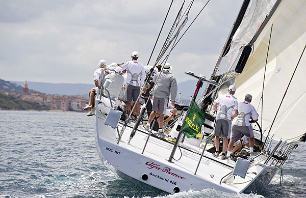 The first day ORC leader, Neville Crichton's Alfa Romeo with St Tropez in the background during the first day of racing for the Giraglia Rolex Cup 2008.