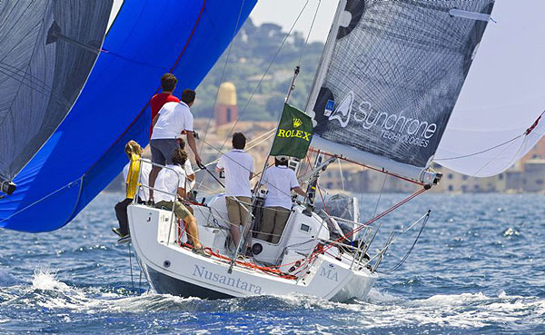 Pierre Lacaze's Nusantara under spinnaker and sailing towards St Tropez during the second day of the Giraglia Rolex Cup 2008.