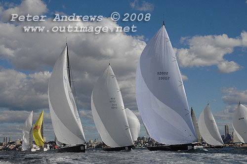 Bob Steel's TP52 Quest leading Michael Hiatt's Cookson 50 Living Doll (left) and Graeme Wood's JV52 Wot Now (centre), all under spinnaker for their run to the heads after the start of the 2008 Sydney to Gold Coast Yacht Race.