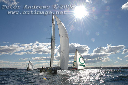 Graeme Wood's JV52 Wot Now and Ray Roberts' Cookson 50 Quantum Racing, under the sun and at the heads after the start of the 2008 Sydney to Gold Coast Yacht Race.