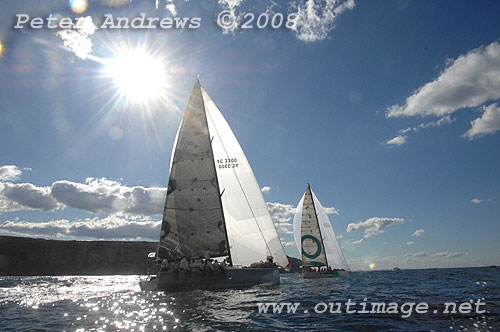 Ray Roberts' Cookson 50 Quantum Racing outside the heads and ahead of Geoff Boettcher's Reichel Pugh 47 Secret Mens' Business 3, after the start of the 2008 Sydney to Gold Coast Yacht Race.