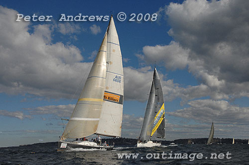 Tim Casey's Nelson Marek 46 St Hilliers Quest ahead of Ed Psaltis' modified Farr 40 AFR Midnight Rambler, outside the heads after the start of the 2008 Sydney to Gold Coast Yacht Race.