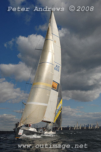 Tim Casey's Nelson Marek 46 St Hilliers Quest ahead of Ed Psaltis' modified Farr 40 AFR Midnight Rambler, outside the heads after the start of the 2008 Sydney to Gold Coast Yacht Race.