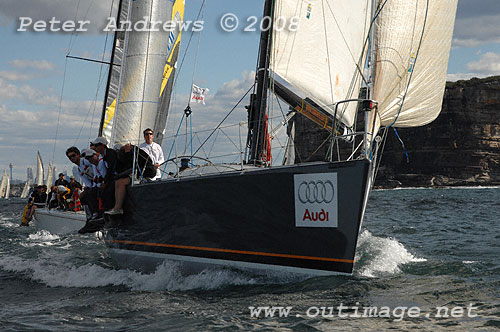 Tim Casey's Nelson Marek 46 St Hilliers Quest with Ed Psaltis' modified Farr 40 AFR Midnight Rambler close behind under North Head after the start of the 2008 Sydney to Gold Coast Yacht Race.