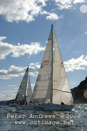 Bruce Dover's Warwick 44 EZ Street and Tony Levett's Sydney 38 Eleni below North Head after the start of the 2008 Sydney to Gold Coast Yacht Race.