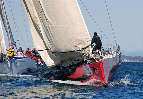 Peter Goldsworthy's Volvo 60 Getaway-Sailing.com after the start of the Brisbane to Keppel Tropical Yacht Race. Photo Copyright, Suellen Hurling.